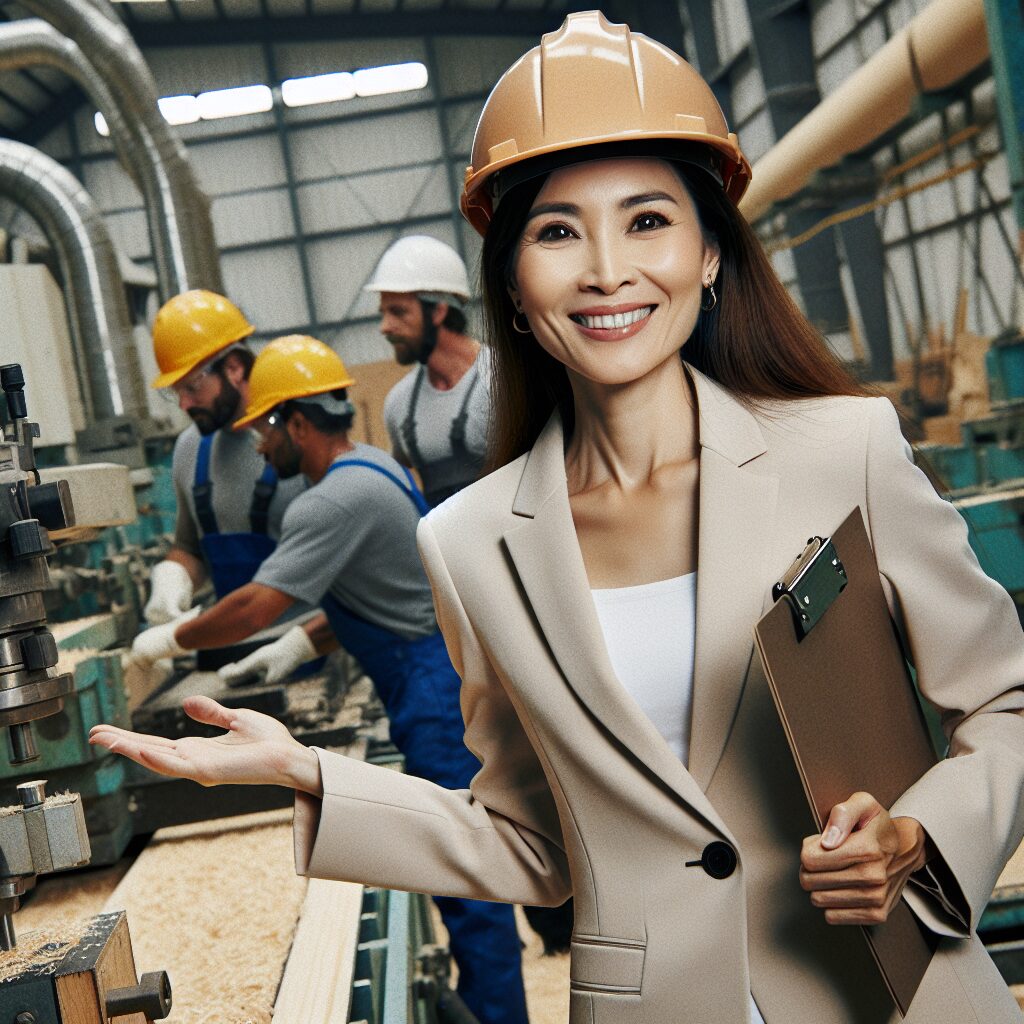 An Online Business Manager portrayed as a foreman overseeing a busy sawmill, coordinating workers and machinery to represent managing teams, operations, marketing, and admin tasks smoothly.