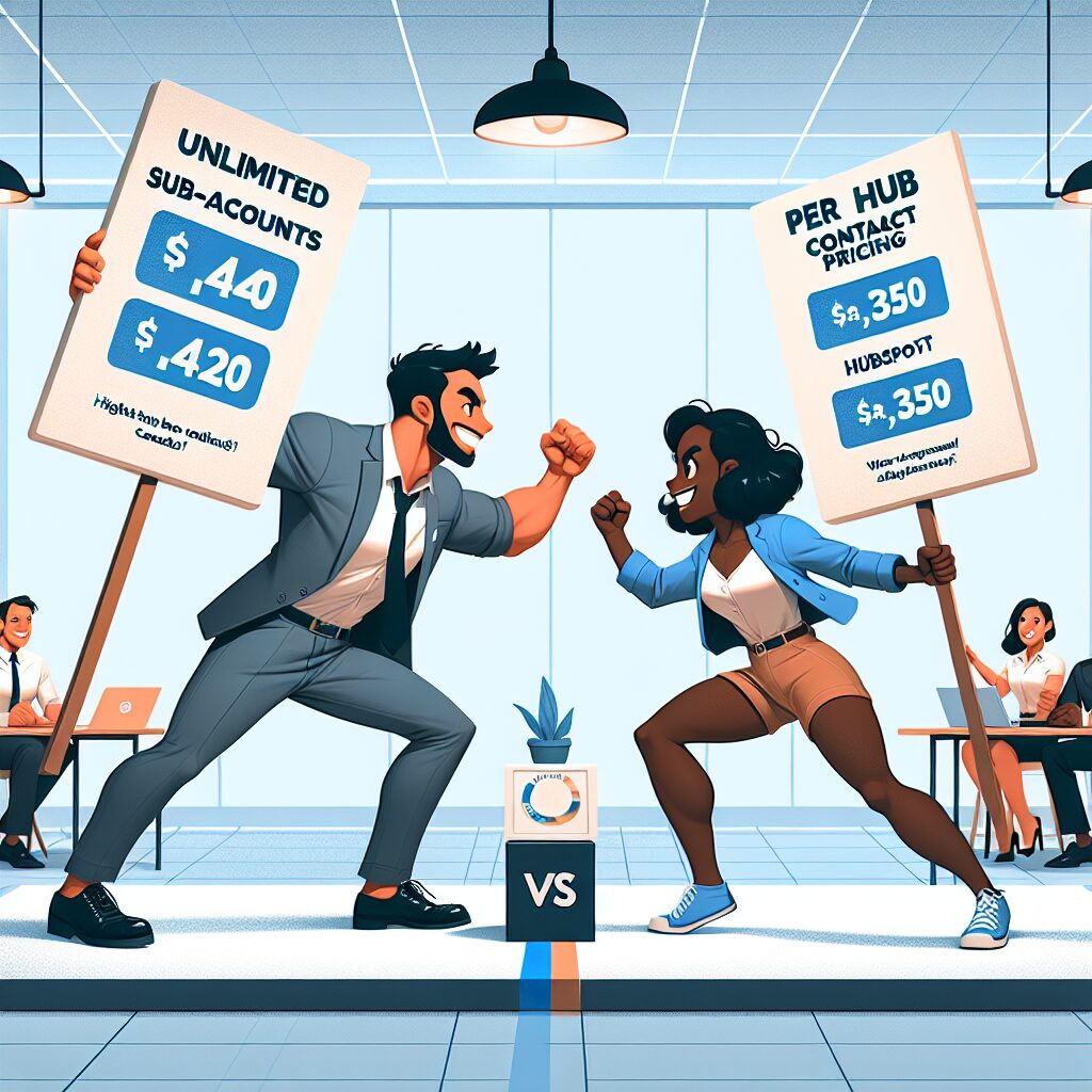 Pricing comparison graphic illustrating the cost structures of Go High Level and HubSpot, emphasizing unlimited sub-accounts vs per hub/contact pricing, and highlighting agency-friendly costs