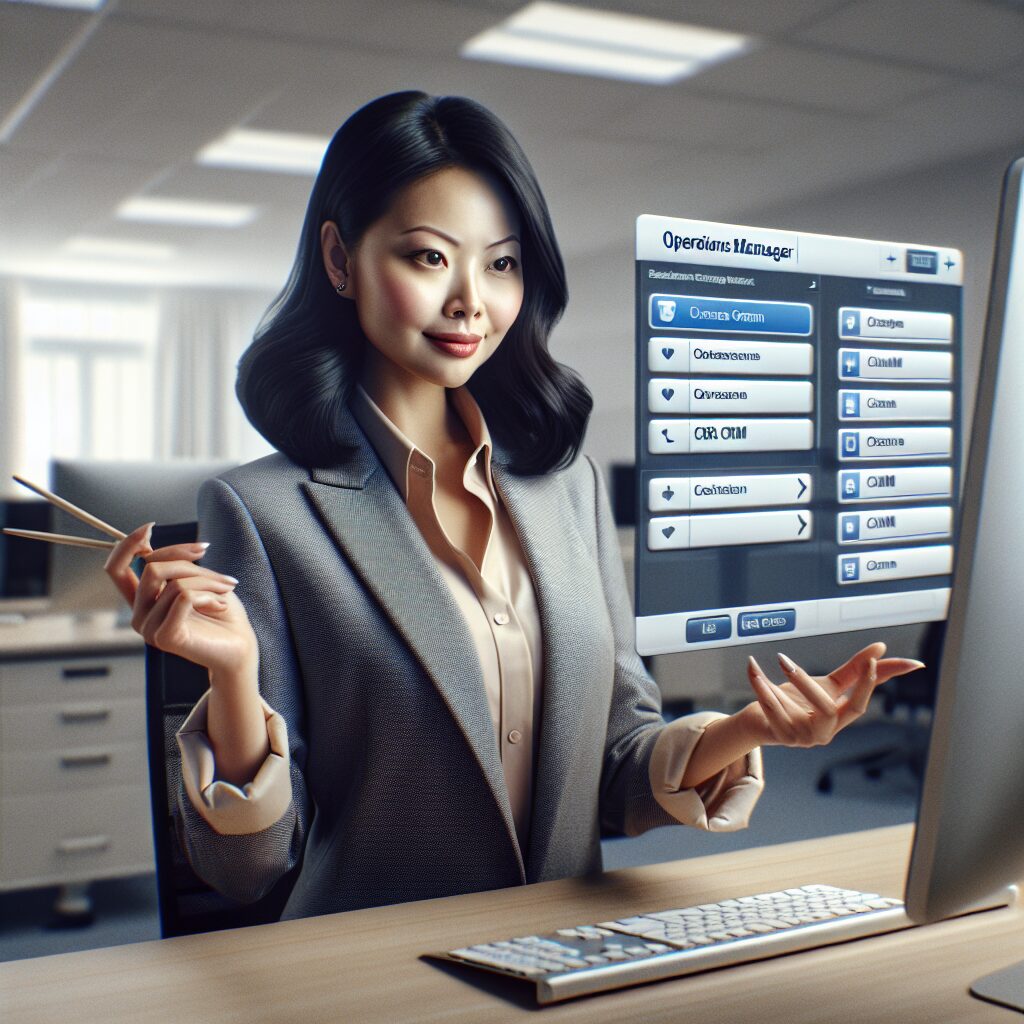 Motivational business scene with an operations manager confidently analyzing CRM options and making decisions, symbolizing the final decision tips and bottom line message for CRM choice