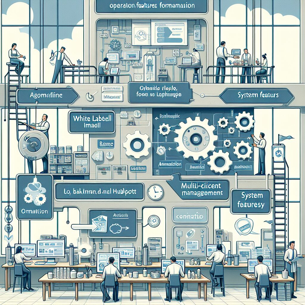 Infographic visualizing the operational features comparison between Go High Level and HubSpot including white labeling, multi-client management, system features, and automation capabilities