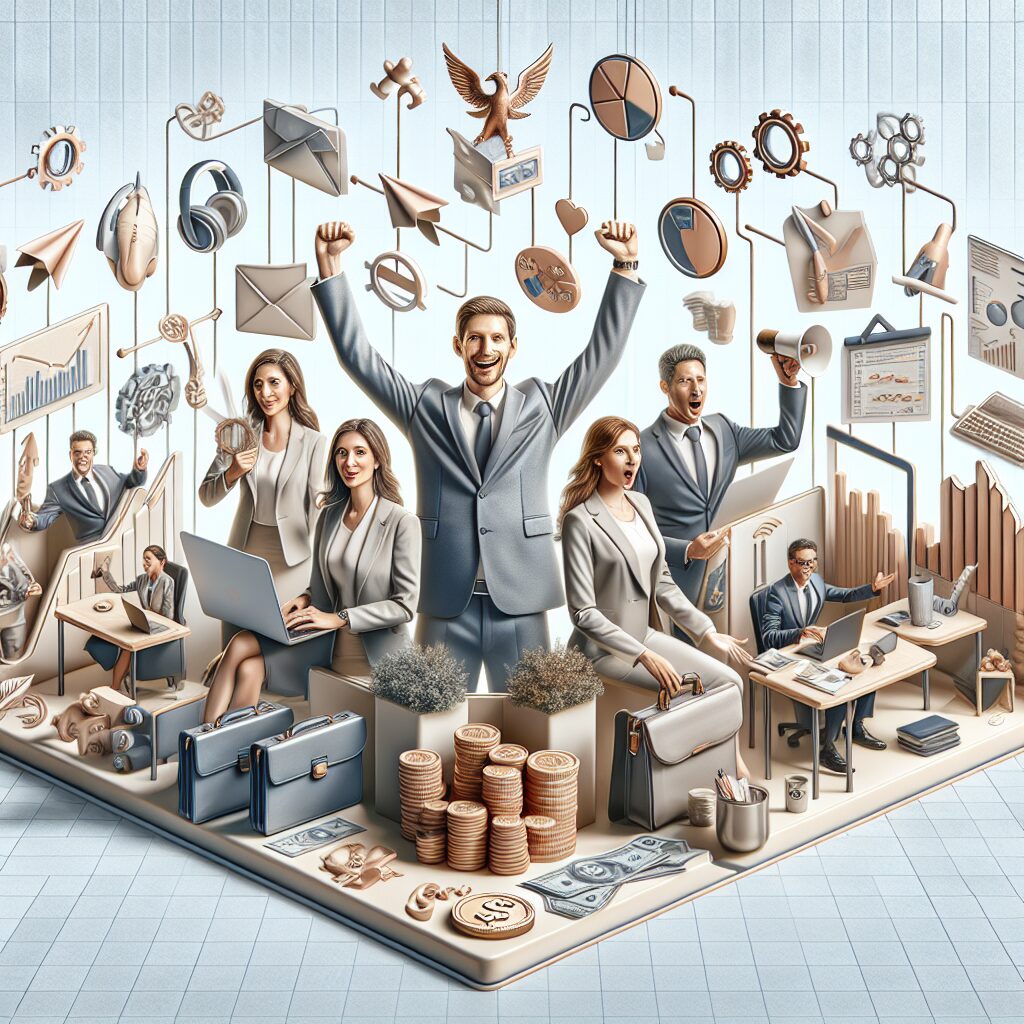 An illustration showcasing the key roles of an OBM: managing projects, leading a team, handling finances, supporting marketing and sales, strategizing growth, and administrative tasks, with icons or scenes representing each responsibility.