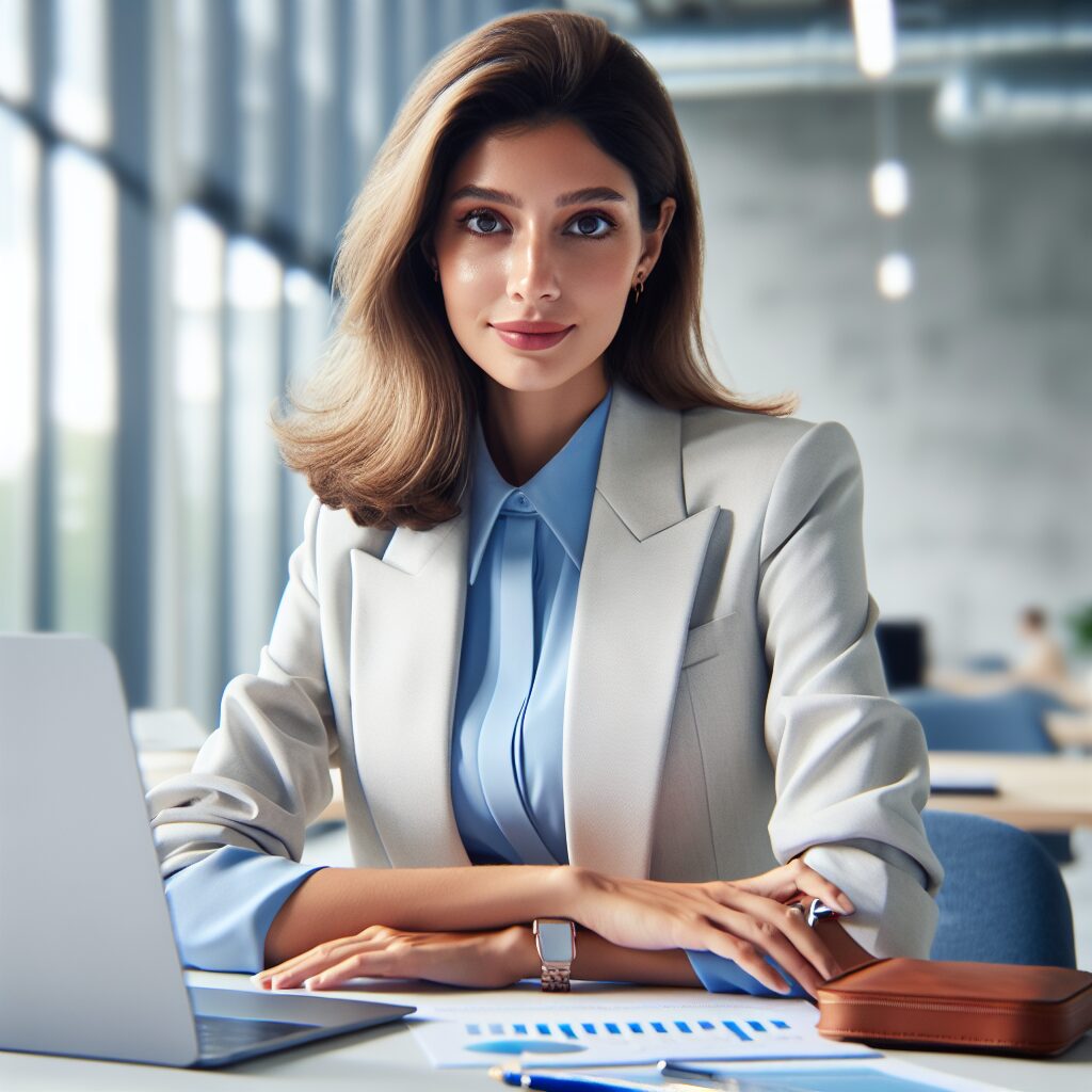 An image depicting an Online Business Manager as a reliable and organized person managing multiple tasks behind the scenes of a bustling online business, symbolizing smooth operations and project management.