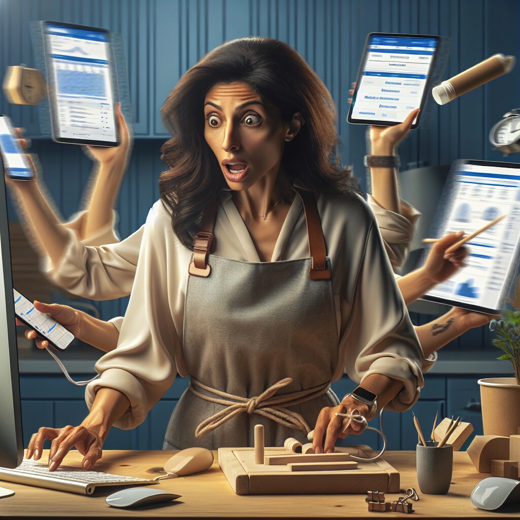 An online woodworking school setting with an OBM multitasking: automating onboarding, scheduling webinars, managing customer queries, juggling freelancers, and optimizing sales funnels, illustrating the practical support OBMs provide to entrepreneurs.