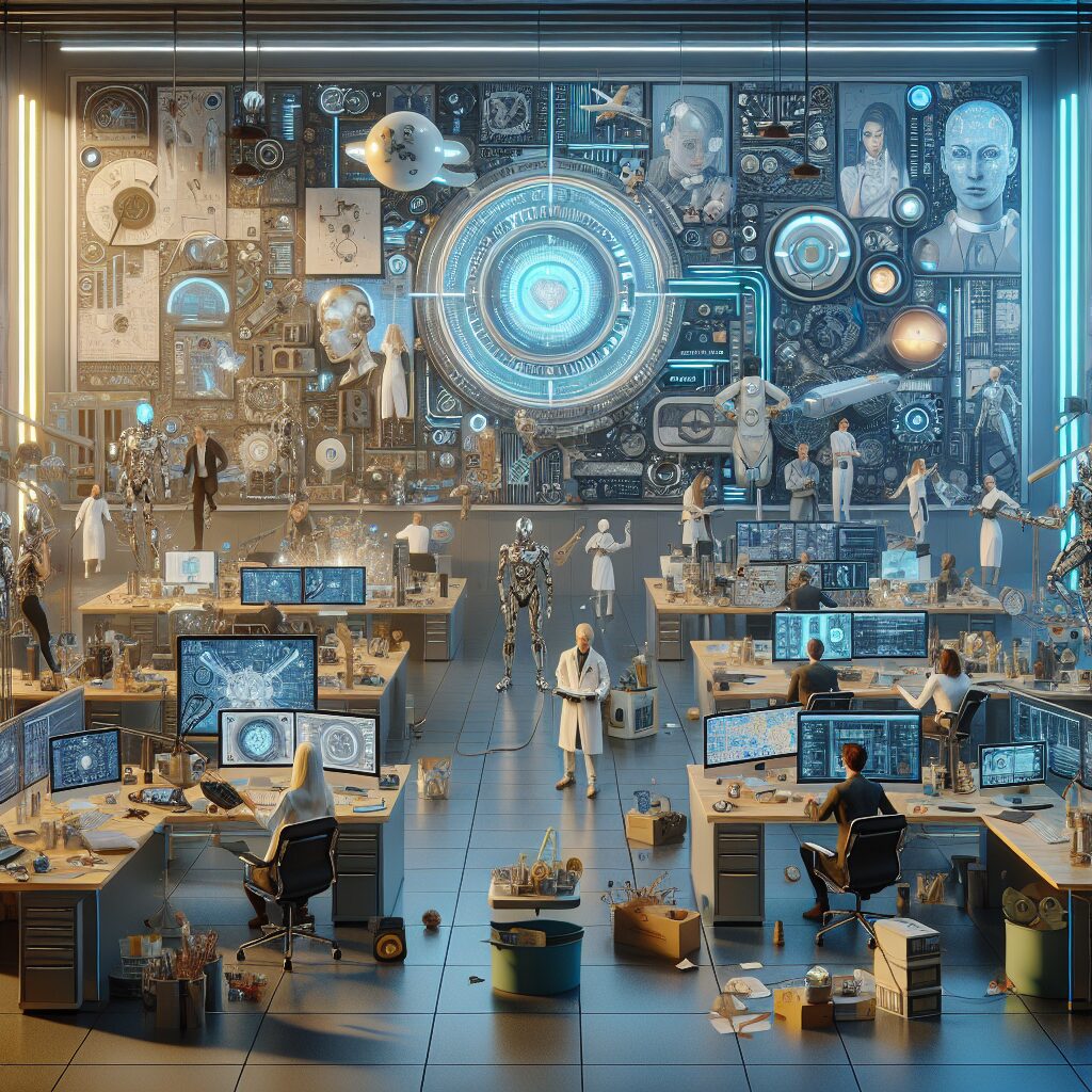 A futuristic digital workspace showing AI integration, automation, and hybrid remote teams working across different time zones, capturing the advanced tools and fast-paced digital landscape of 2024.