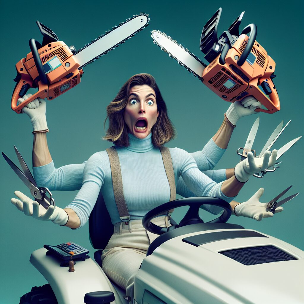 A chaotic scene depicting a person juggling chainsaws while balancing on a tractor, symbolizing the complexity and challenges of running an online business in 2024.